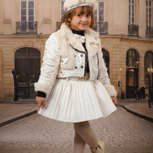 طقم شتوي فاخر للبنات: جاكيت بايكر جلد أبيض وتنورة بليسيه وقبعة فرو بيريه
