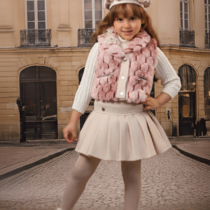 طقم شتوي رقيق للبنات: فيست فرو وردي منفوش وتنورة بيج بليسيه وقبعة بيريه