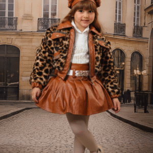جاكيت ليوبارد جلد أطفال فاخر وتنورة جلد برتقالي - طقم شتوي أنيق للبنات
