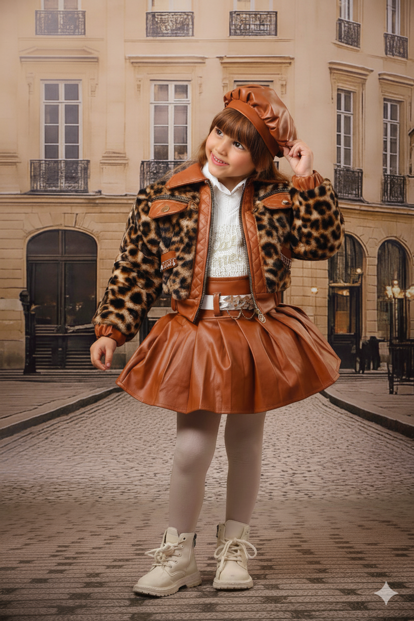 جاكيت ليوبارد جلد أطفال فاخر وتنورة جلد برتقالي - طقم شتوي أنيق للبنات - الصورة 3