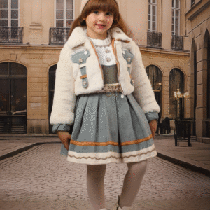 طقم شتوي أنيق للبنات: جاكيت فرو كريمي قصير وفستان صوف رمادي مزخرف