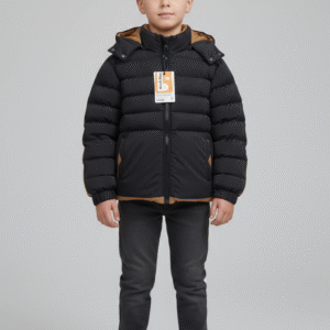 جاكيت بافر أطفال أسود ببطانة جملي وكابيشوه - ملابس شتوية ثقيلة للأولاد ووتر بروف.