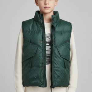 فيست منفوخ أخضر غامق للأطفال والشباب، مبطن حراري بجيوب جانبية وتصميم عصري للشتاء.