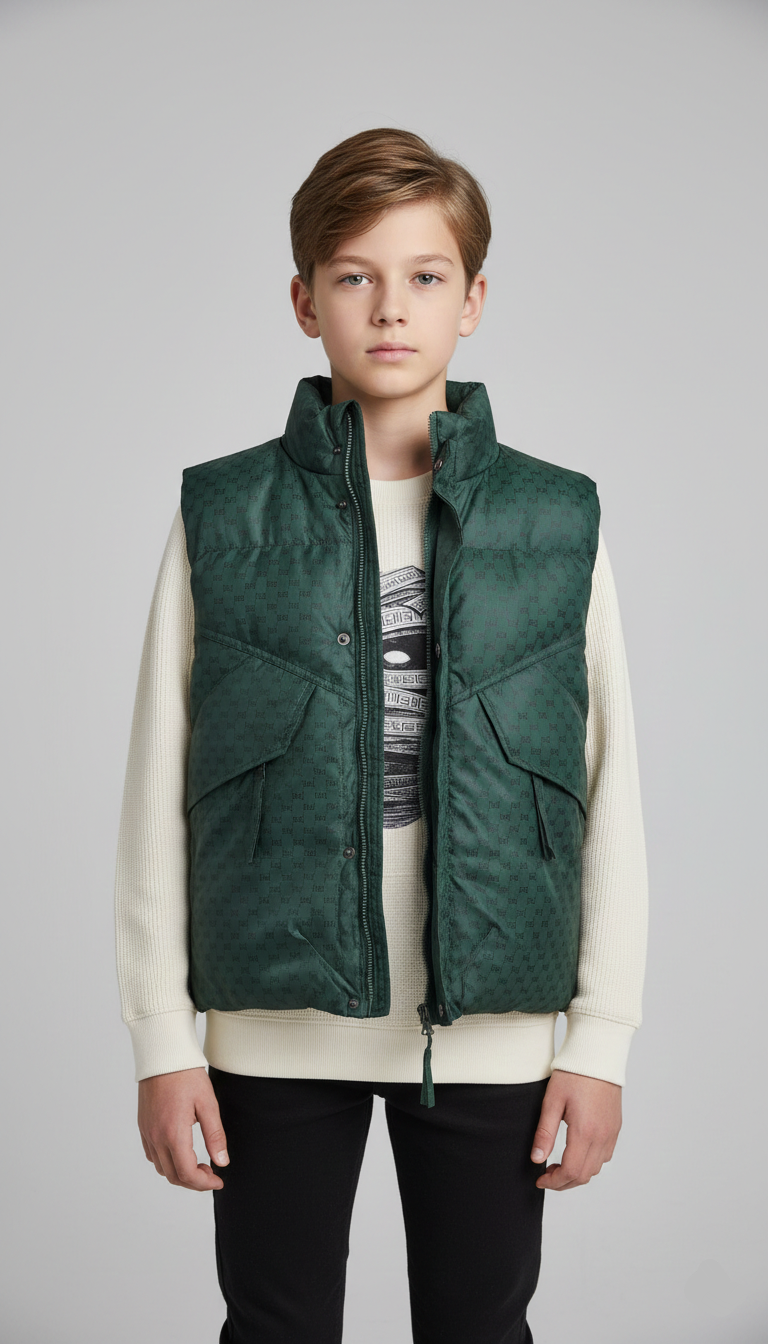 فيست منفوخ أخضر غامق للأطفال والشباب، مبطن حراري بجيوب جانبية وتصميم عصري للشتاء.