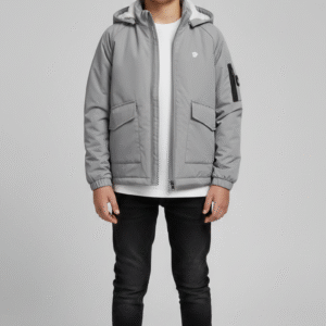 جاكيت أطفال ووتر بروف رمادي ببطانة فرو وجيوب جانبية - ملابس شتوي للأولاد.