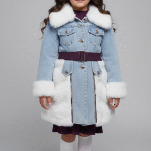 بالطو بناتي جينز طويل مبطن فرو أبيض مع حزام موف، موديل شتوي تريند 2026 للأطفال.