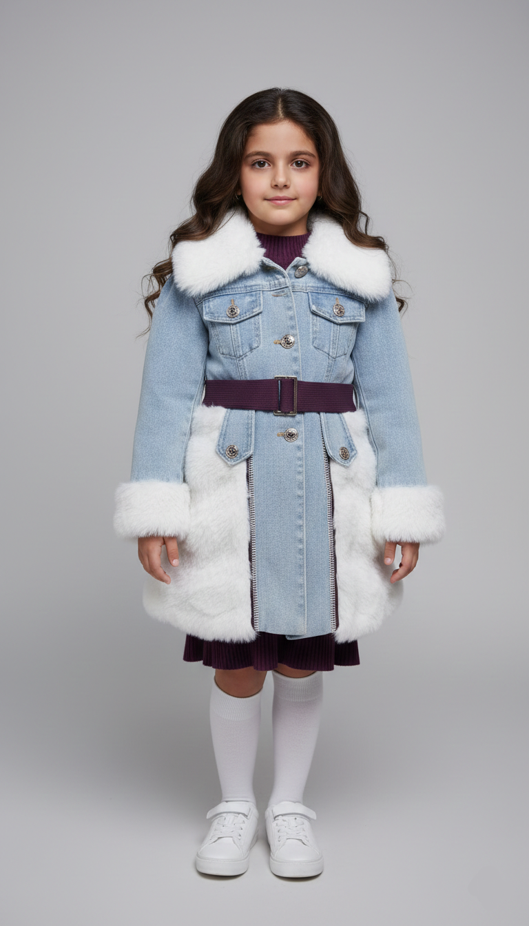 بالطو بناتي جينز طويل مبطن فرو أبيض مع حزام موف، موديل شتوي تريند 2026 للأطفال.