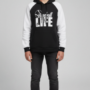 هودي أطفال أولادي أسود في أبيض بطبعة بيسبول لايف، ملابس شبابي شتوية قطن مريحة.