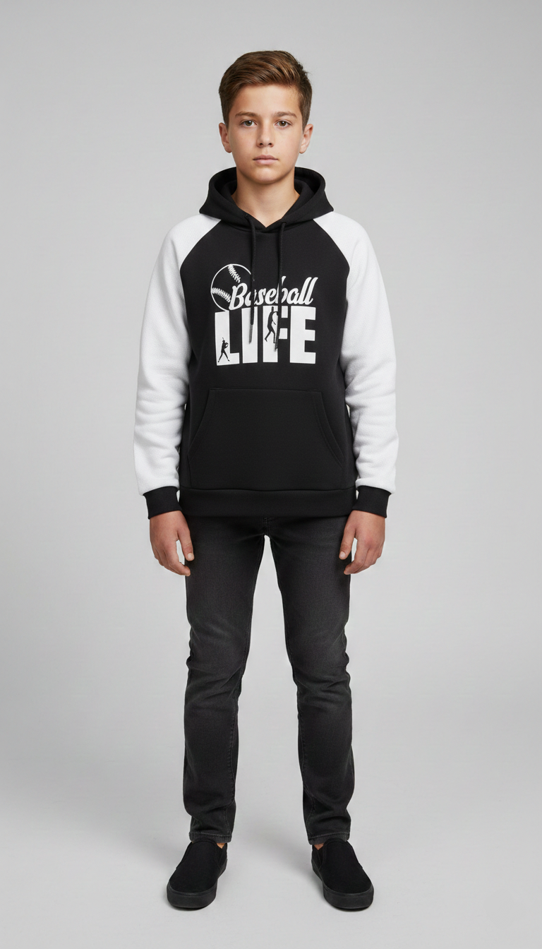 هودي أطفال أولادي أسود في أبيض بطبعة بيسبول لايف، ملابس شبابي شتوية قطن مريحة.