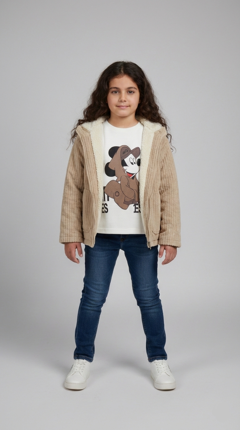 جاكيت أطفال قطيفة مضلع بيج مبطن فرو أبيض، ملابس شتوية بناتي كاجوال ميكي ماوس.