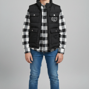 ڤيست أسود منفوخ مع قميص كاروهات أبيض في أسود للأطفال والشباب - ملابس شتوي كاجوال.