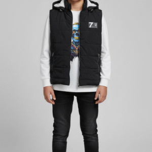 فيست شبابي أسود مبطن بقلنسوة فرو مع سويت شيرت أبيض مطبوع - ملابس شتوية كاجوال للشباب.