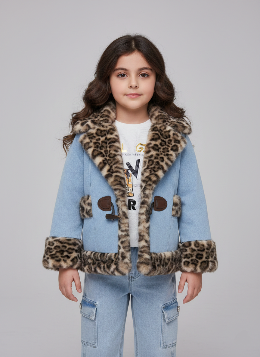 جاكيت بناتي جوخ سماوي بياقة فرو تايجر وأزرار خشبية فوق تيشيرت أبيض وبنطلون جينز