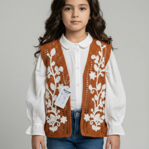 طقم بناتي بوهو ڤيست كروشيه هافان بتطريز ورد أبيض مع بلوزة بيضاء وبنطلون جينز، ملابس أطفال خروجي شيك.