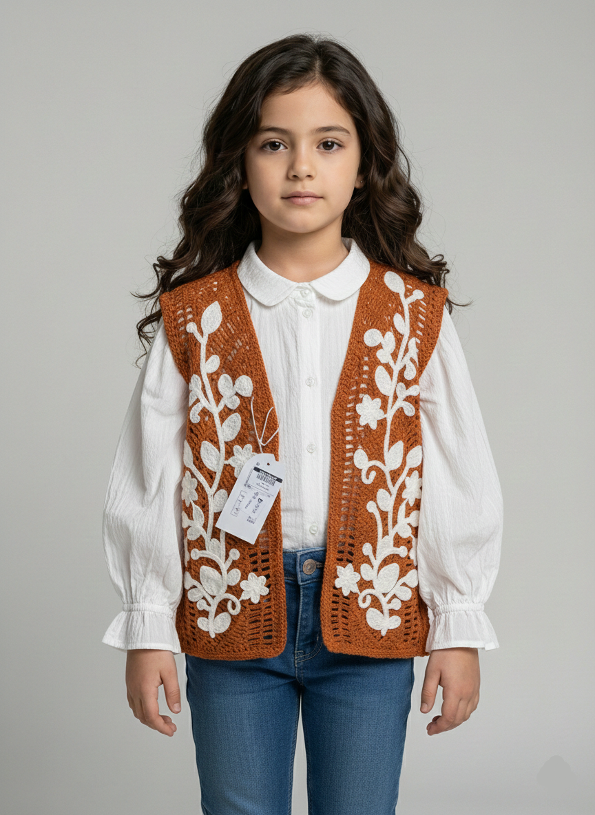 طقم بناتي بوهو ڤيست كروشيه هافان بتطريز ورد أبيض مع بلوزة بيضاء وبنطلون جينز، ملابس أطفال خروجي شيك.