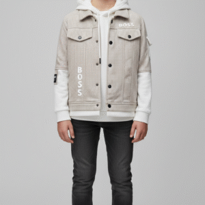 جاكيت شبابي كاروهات بيج مع هودي أبيض بنمط BOSS، قطعة شتوية كاجوال عصرية للأولاد.