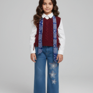 طقم بناتي 4 قطع ڤيست تريكو نبيتي وقميص أبيض وسكارف مع بنطلون جينز واسع مطرز بنجوم، ملابس أطفال خروجي.