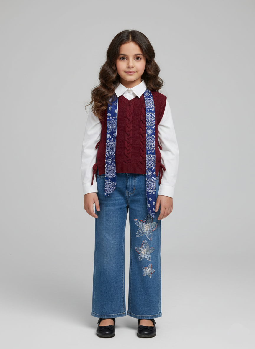 طقم بناتي 4 قطع ڤيست تريكو نبيتي وقميص أبيض وسكارف مع بنطلون جينز واسع مطرز بنجوم، ملابس أطفال خروجي.