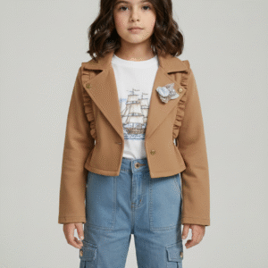 طقم جينز بناتي كامل جاكيت قصير وجيبة مطرزة بستراس وقميص أبيض وحزام بني، ملابس خروج بناتي شيك.