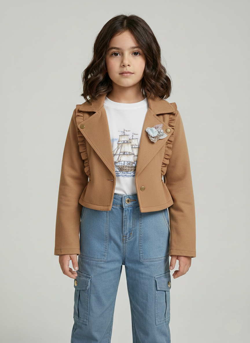 طقم جينز بناتي كامل جاكيت قصير وجيبة مطرزة بستراس وقميص أبيض وحزام بني، ملابس خروج بناتي شيك.