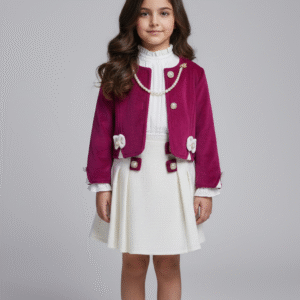 طقم جينز بناتي كامل جاكيت قصير وجيبة مطرزة بستراس وقميص أبيض وحزام بني، ملابس خروج بناتي شيك.