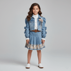 طقم جينز بناتي كامل 3 قطع: جاكيت قصير وスカート مطرز بفصوص ذهبية مع قميص أبيض وحزام بني، ملابس خروج بناتي شيك.