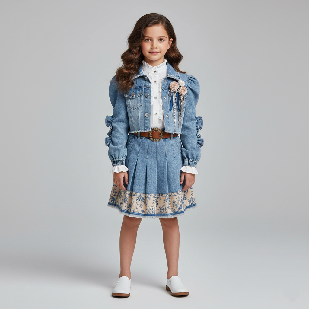 طقم جينز بناتي كامل 3 قطع: جاكيت قصير وスカート مطرز بفصوص ذهبية مع قميص أبيض وحزام بني، ملابس خروج بناتي شيك.