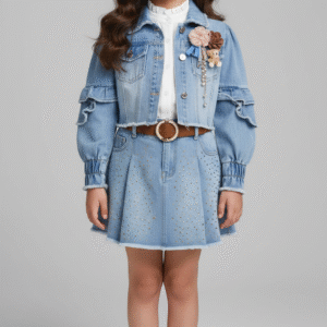 طقم جينز بناتي كامل مكون من جاكيت قصير وجيبة مطرزة بالكريستال مع قميص أبيض، مثالي للعيد والمناسبات.