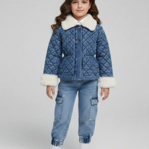 جاكيت جينز بناتي مبطن فرو أبيض، تصميم كاروهات مودرن للمحجبات وغير المحجبات