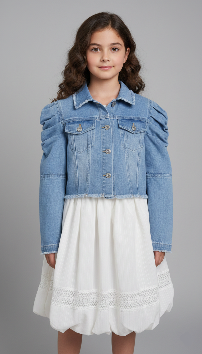 جاكيت جينز بناتي قصير بأكتاف منفوخة مع فستان أبيض دانتيل، ملابس أطفال خروج مودرن.