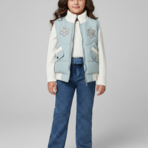 طقم بناتي فيست منفوخ لبني بوردات كريستال وبنطلون جينز منقط أبيض ملابس خروج شتوية كاجوال.