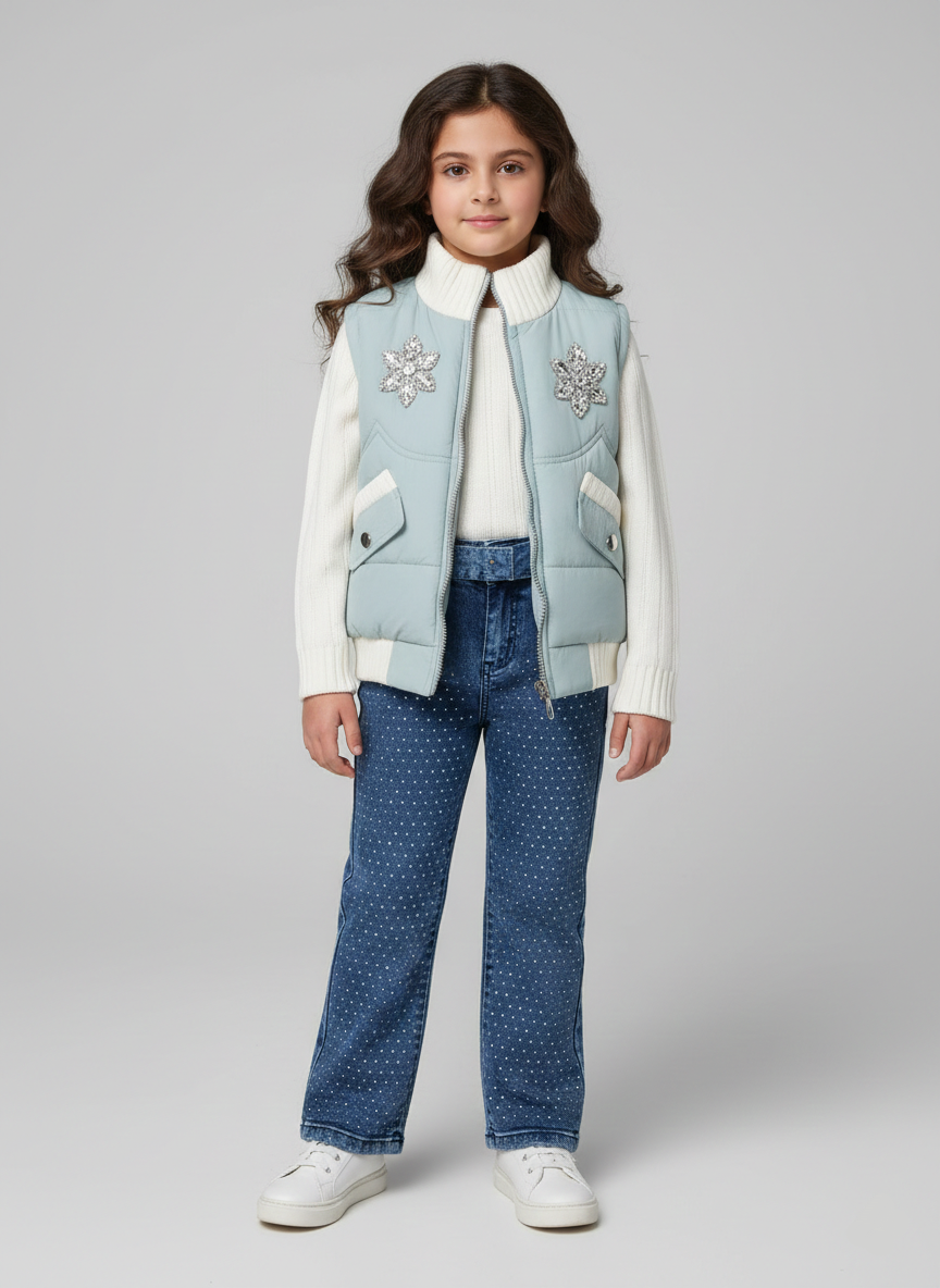 طقم بناتي فيست منفوخ لبني بوردات كريستال وبنطلون جينز منقط أبيض ملابس خروج شتوية كاجوال.