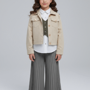 طقم بناتي جاكيت بيج وفيست زيتي مع قميص أبيض وبنطلون بليسيه واسع رمادي ملابس خروج سيمي فورمال