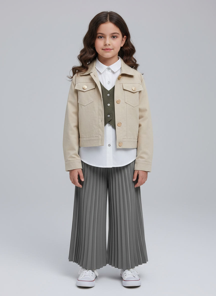 طقم بناتي جاكيت بيج وفيست زيتي مع قميص أبيض وبنطلون بليسيه واسع رمادي ملابس خروج سيمي فورمال