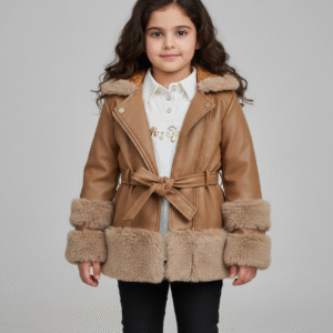 جاكيت بناتي جلد هافان بياقة وأساور فرو كثيفة وحزام وسط ملابس شتوية فاخرة للأطفال.