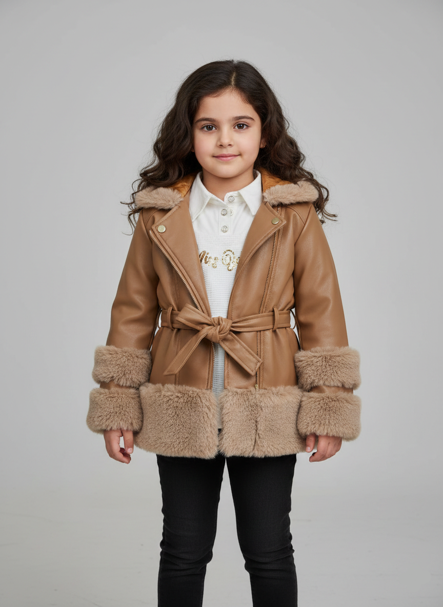 جاكيت بناتي جلد هافان بياقة وأساور فرو كثيفة وحزام وسط ملابس شتوية فاخرة للأطفال.