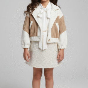 طقم بناتي راقي جاكيت تريكو بيج وكريمي مع بلوزة بيضاء برباط عنق وجيبة قصيرة منقوشة خروجات ومناسبات.