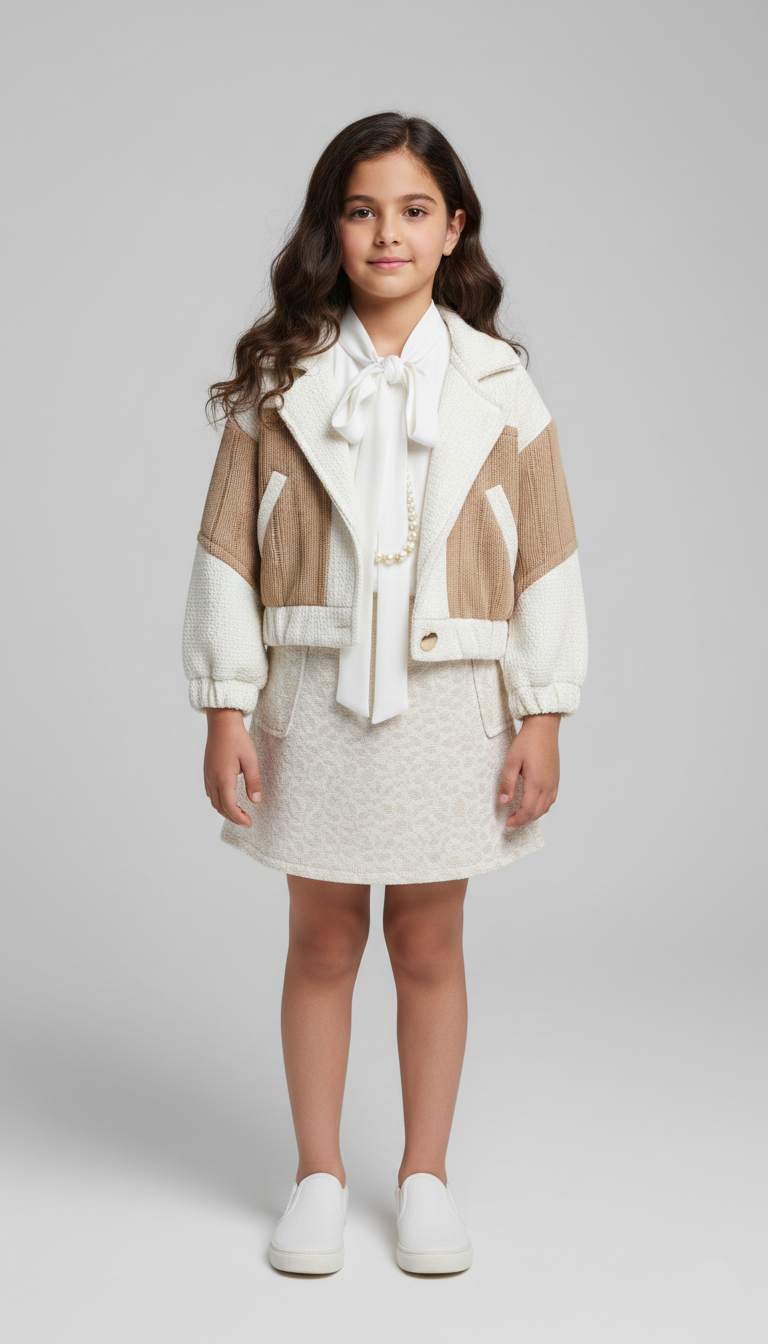 طقم بناتي راقي جاكيت تريكو بيج وكريمي مع بلوزة بيضاء برباط عنق وجيبة قصيرة منقوشة خروجات ومناسبات.