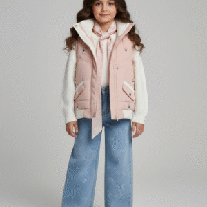 طقم بناتي فيست منفوخ كشمير وبنطلون جينز واسع مطبوع بفيونكات مع بلوفر أبيض وسكارف ملابس خروج كاجوال.