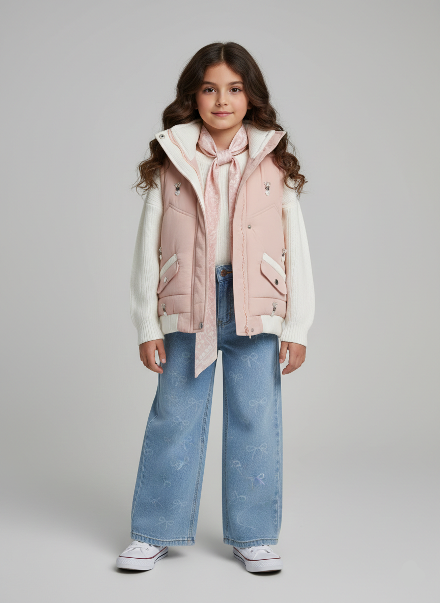 طقم بناتي فيست منفوخ كشمير وبنطلون جينز واسع مطبوع بفيونكات مع بلوفر أبيض وسكارف ملابس خروج كاجوال.