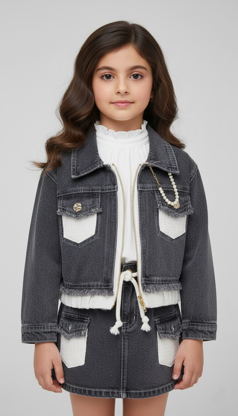 طقم بناتي جاكيت جينز رمادي مرصع باللؤلؤ مع جيبة جينز وجيوب بيضاء وبلوزة بكشكشة خروج شيك.