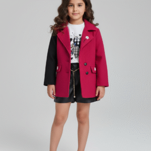 طقم بناتي بليزر قصير بيج وفيست زيتي مع بنطلون بليسيه رمادي واسع ملابس خروج ومناسبات شيك للأطفال.