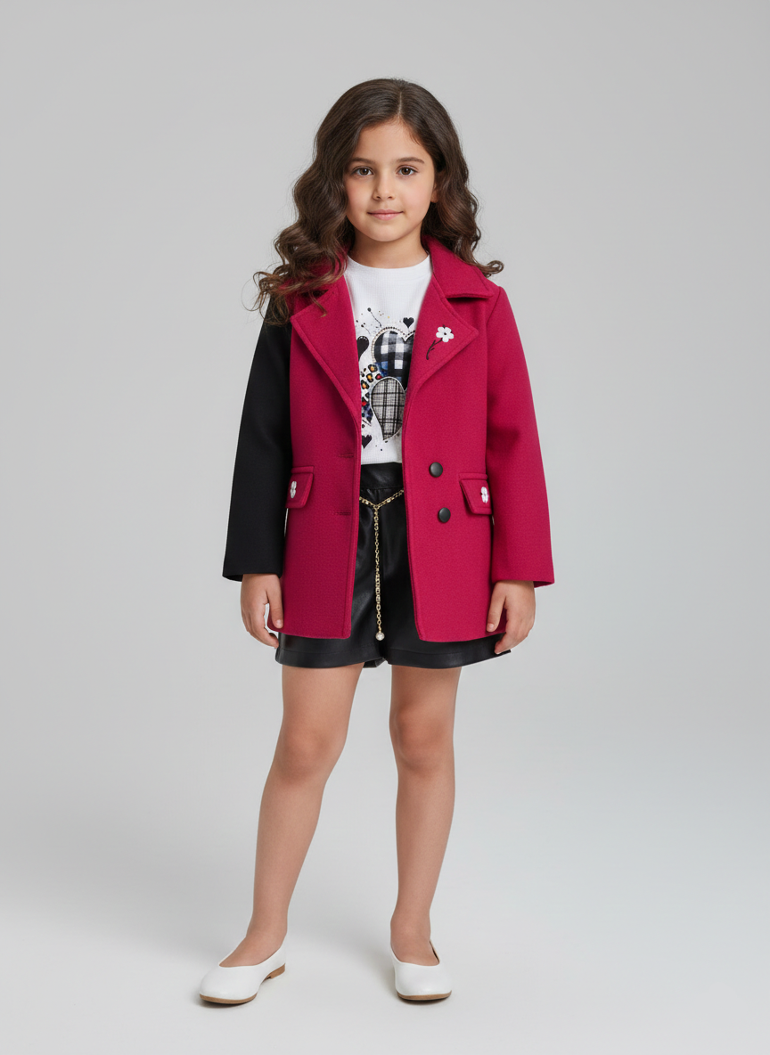 طقم بناتي بليزر قصير بيج وفيست زيتي مع بنطلون بليسيه رمادي واسع ملابس خروج ومناسبات شيك للأطفال.