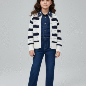 طقم بناتي جاكيت قصير أبيض وبيج مع قميص بفيونكة وجيبة ميني منقوشة ملابس خروج شيك وراقية للأطفال.