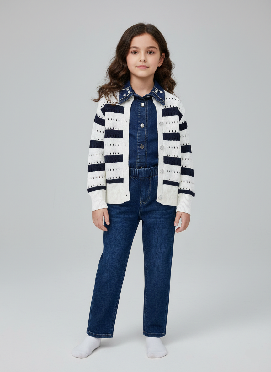 طقم بناتي جاكيت قصير أبيض وبيج مع قميص بفيونكة وجيبة ميني منقوشة ملابس خروج شيك وراقية للأطفال.