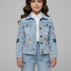 طقم جينز بناتي مطرز بورد بارز ملون وجاكيت جينز فاتح وبنطلون كارجو شيك لخروجات البنات