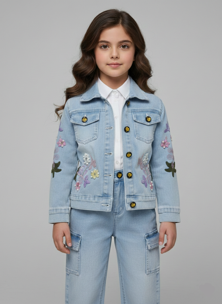 طقم جينز بناتي مطرز بورد بارز ملون وجاكيت جينز فاتح وبنطلون كارجو شيك لخروجات البنات