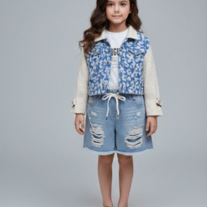 طقم جينز بناتي مودرن بجاكيت نصين منقوش وشورت جينز مقطع كاجوال للخروجات الصيفية.