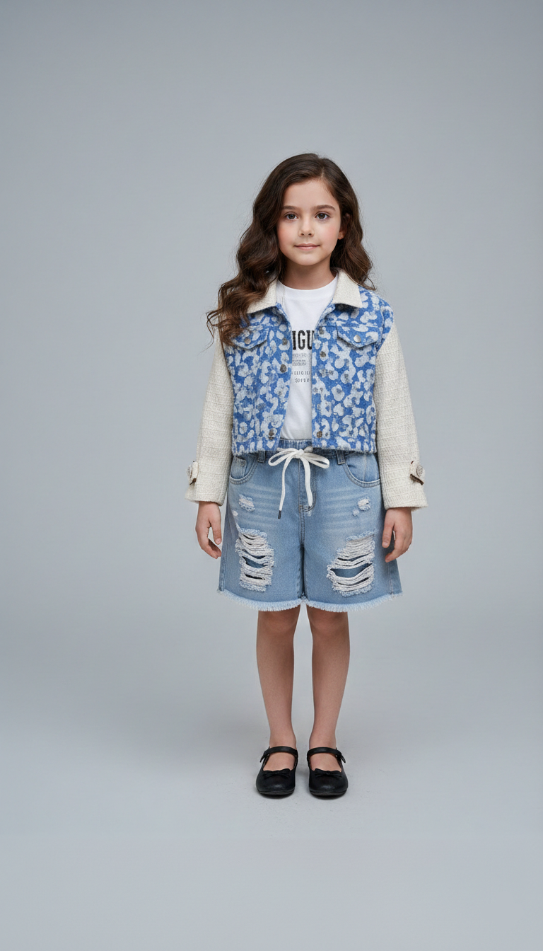 طقم جينز بناتي مودرن بجاكيت نصين منقوش وشورت جينز مقطع كاجوال للخروجات الصيفية.