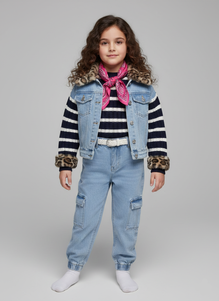 طقم بناتي كاجوال جاكيت جينز بياقة تايجر وبنطلون كارجو جينز مع سكارف فوشيا ملابس شتوية روشة